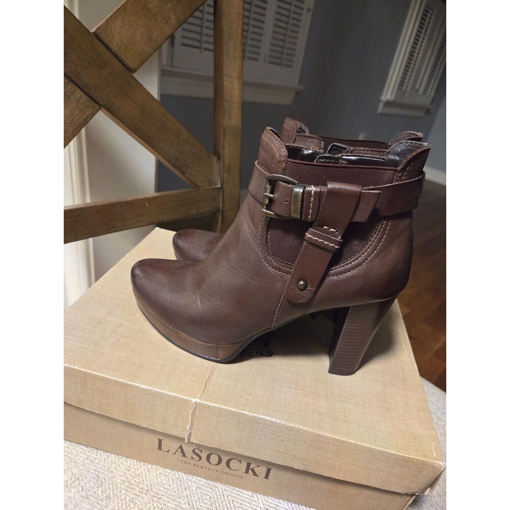 Brown leather Lasocki block heel ankle boots warm bootie size EU 37, US 6.5